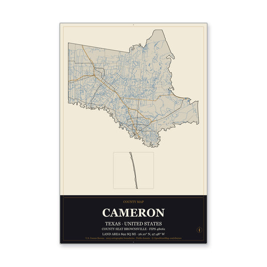 Cameron County, Texas Map Aluminum Sign in Museum Plaque style