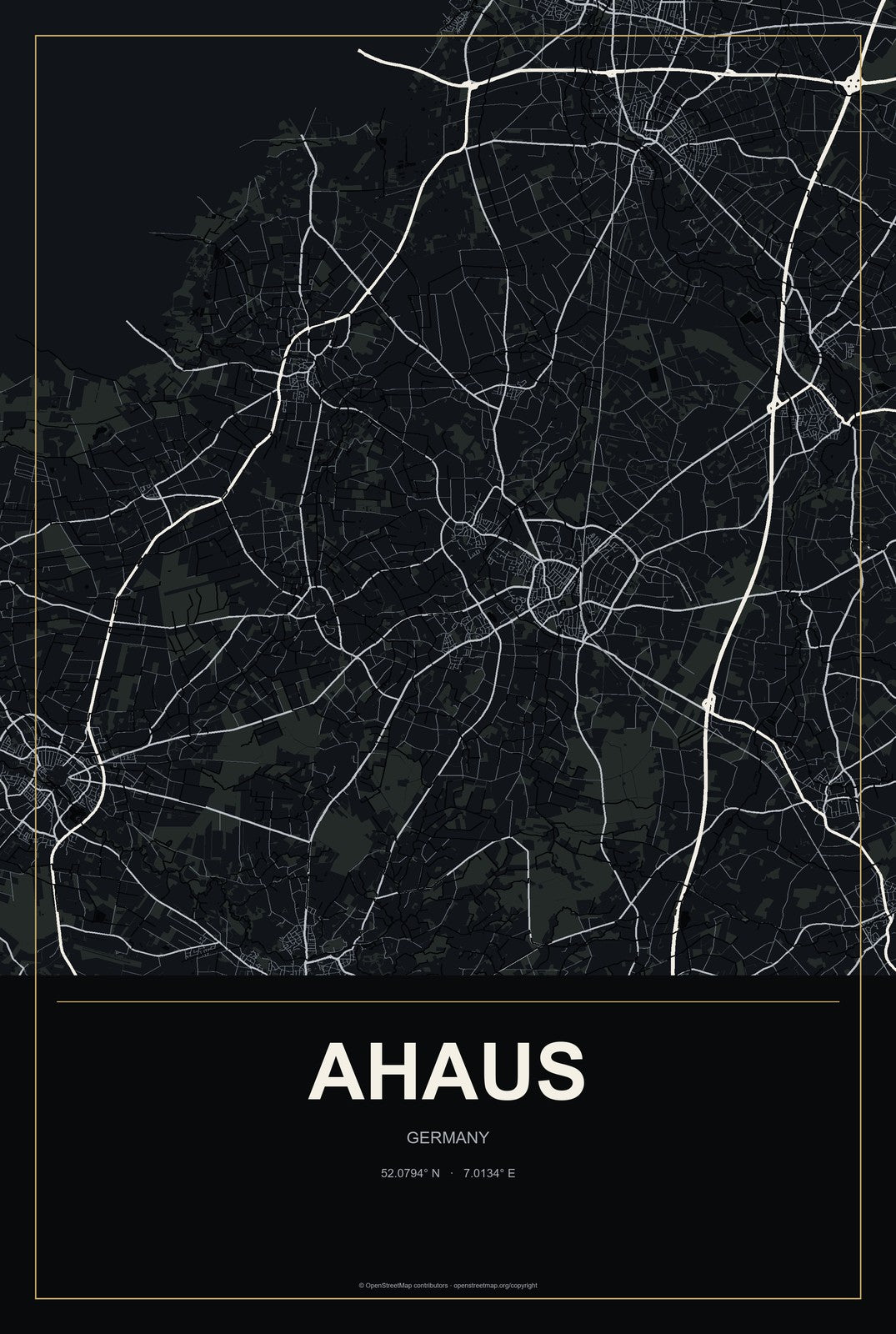 Ahaus, Germany City Map Aluminum Sign in Metropolitan Noir style