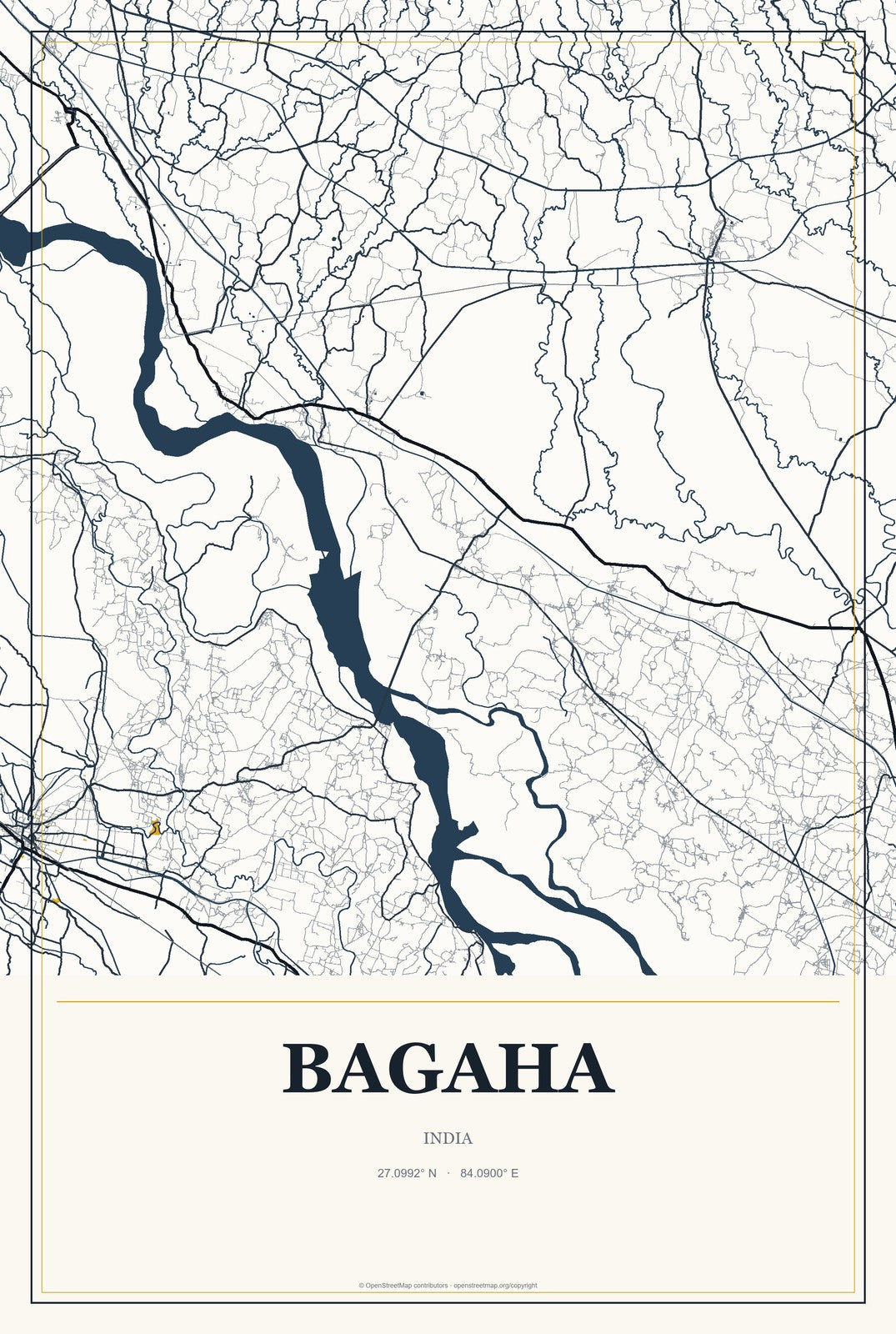 Bagaha, India City Map Aluminum Sign in Citrine Modern style