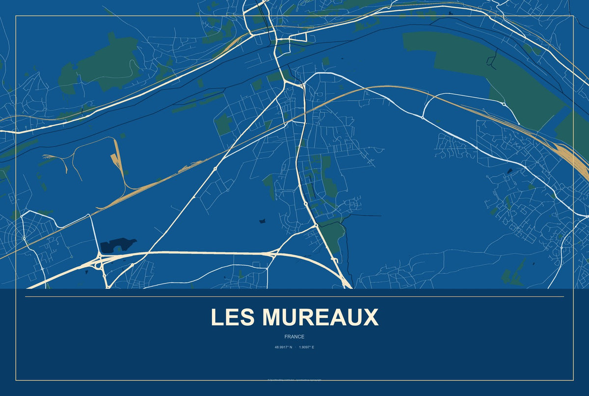 Les Mureaux, France City Map Aluminum Sign in Harbor Cobalt style
