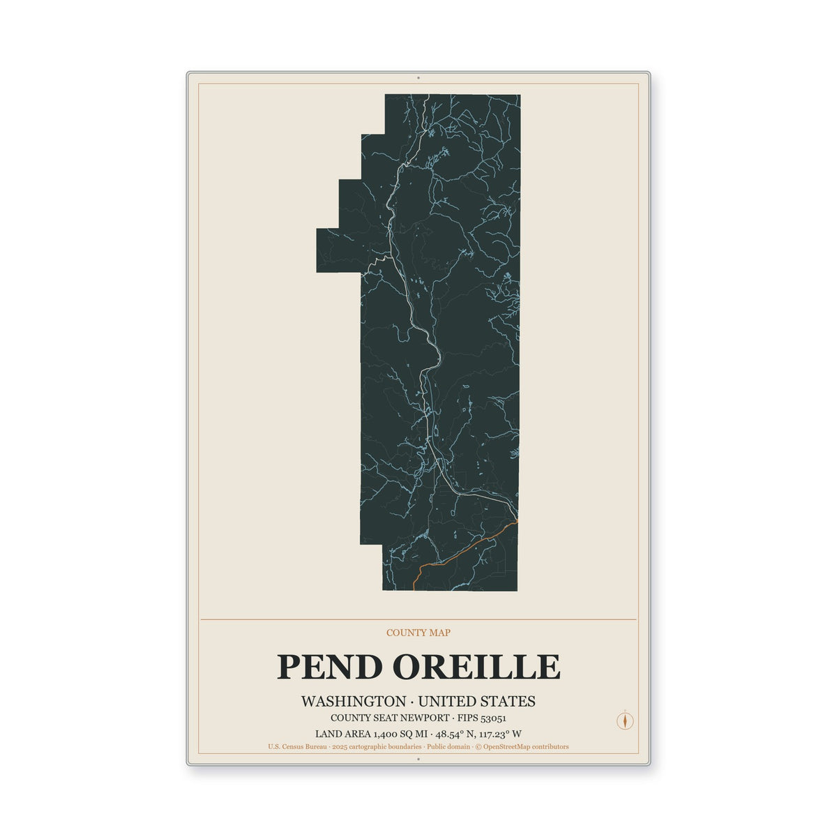 Pend Oreille County, Washington Map Aluminum Sign in Headline Atlas style