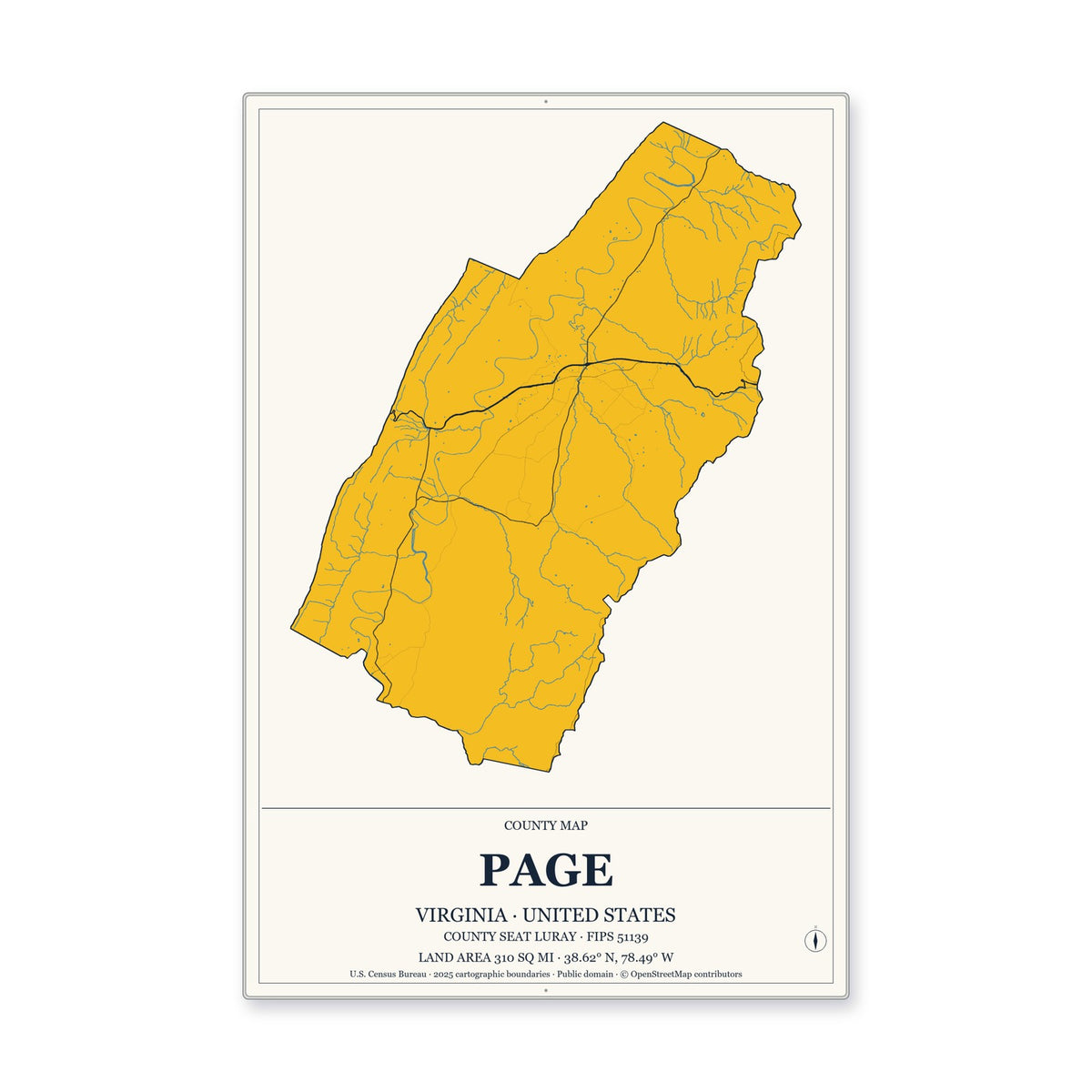 Page County, Virginia Map Aluminum Sign in Citrine Modern style