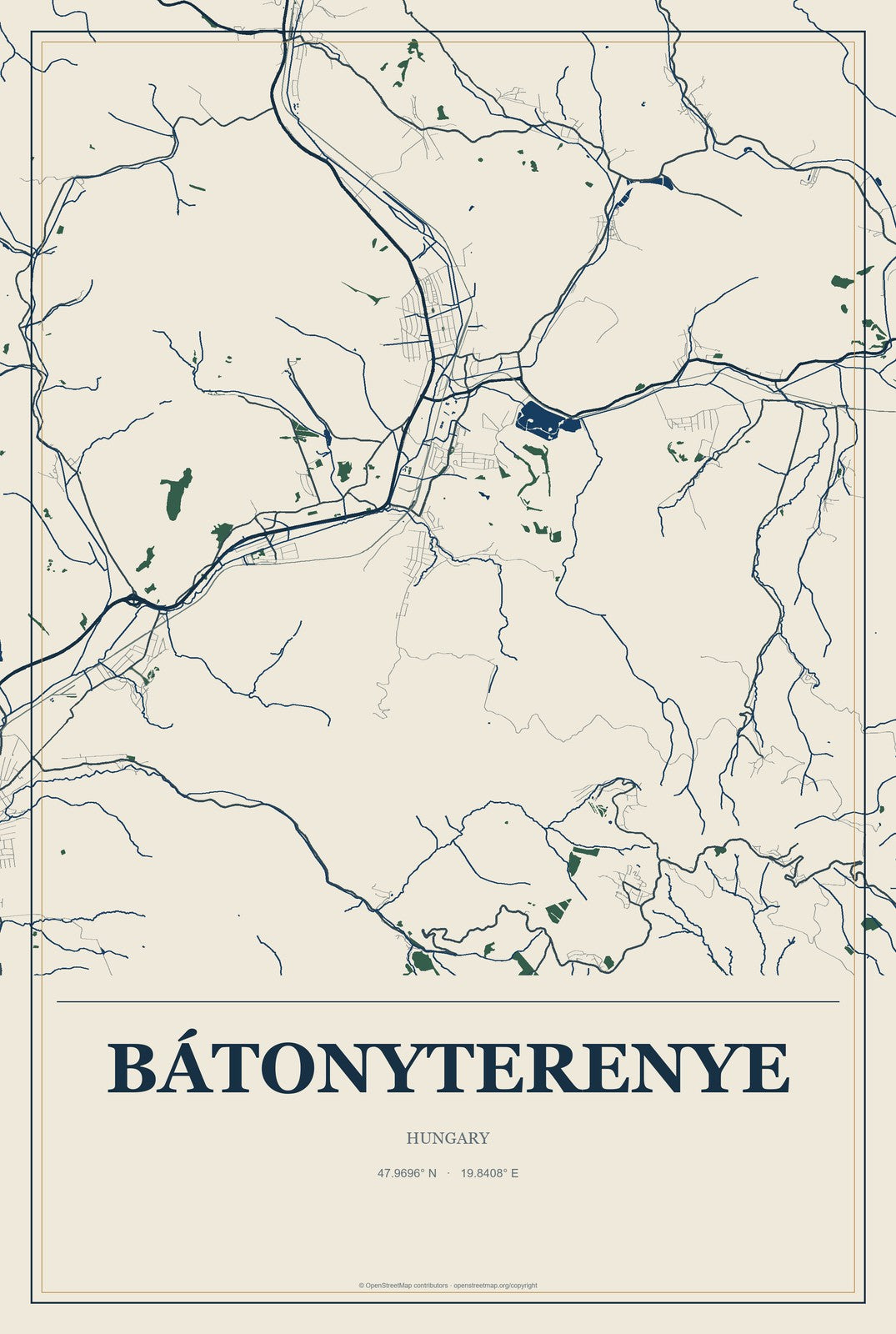 Bátonyterenye, Hungary City Map Aluminum Sign in Coastal Cutout style