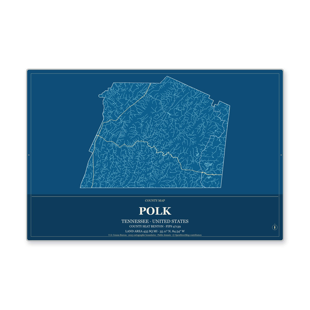 Polk County, Tennessee Map Aluminum Sign in Harbor Cobalt style