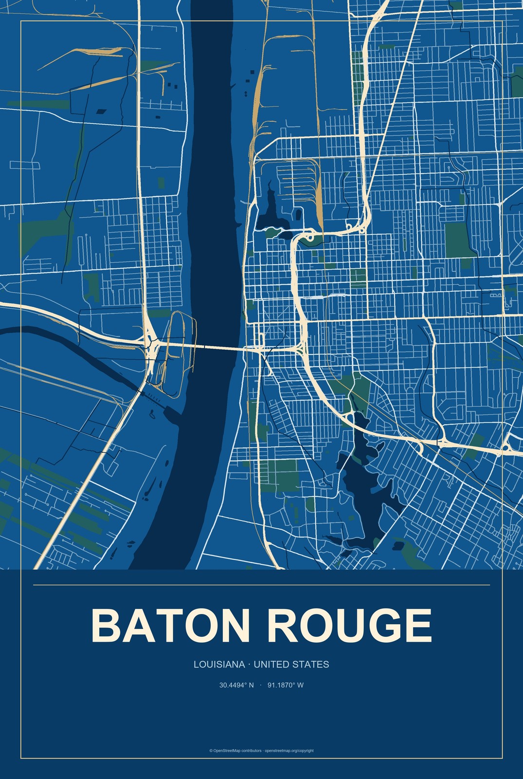 Baton Rouge, Louisiana City Map Aluminum Sign in Harbor Cobalt style
