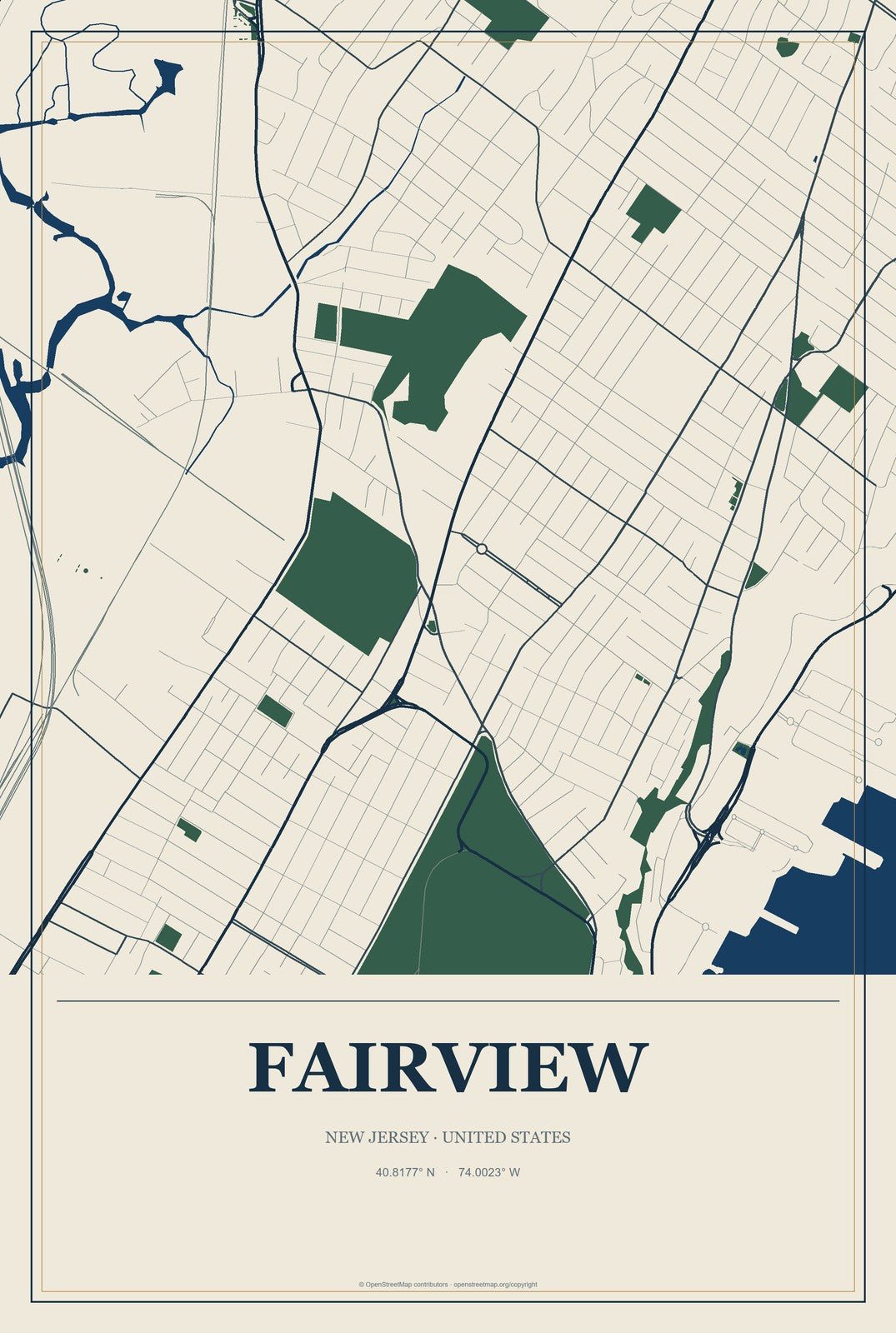 Fairview, New Jersey City Map Aluminum Sign in Coastal Cutout style