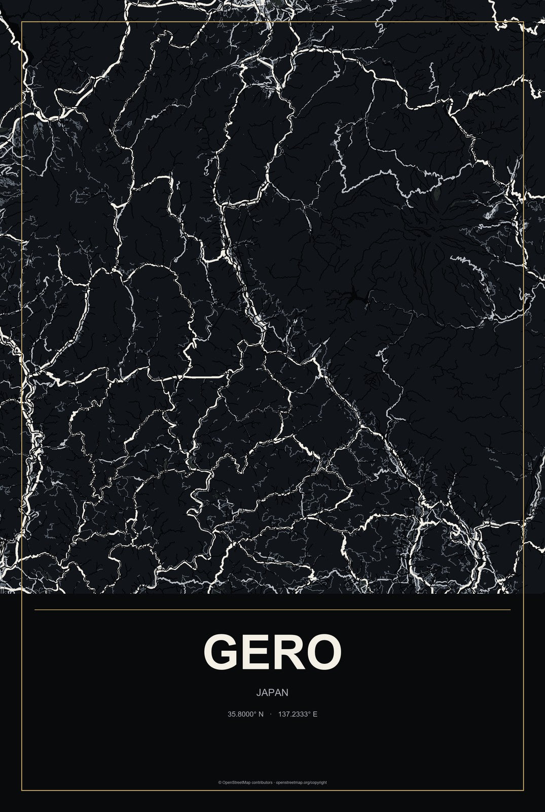 Gero, Japan City Map Aluminum Sign in Metropolitan Noir style