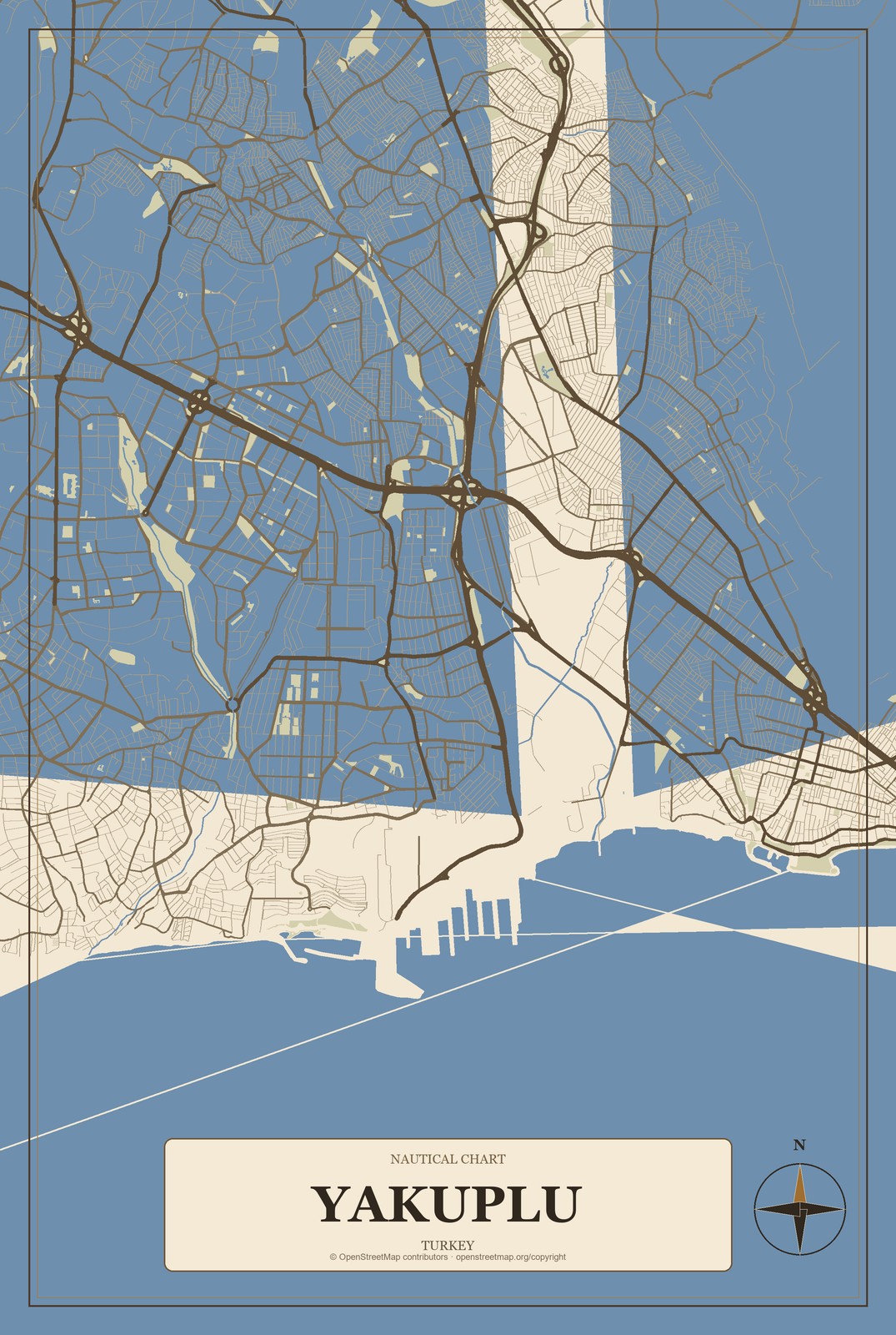 Yakuplu, Turkey City Map Aluminum Sign in Heritage Nautical style