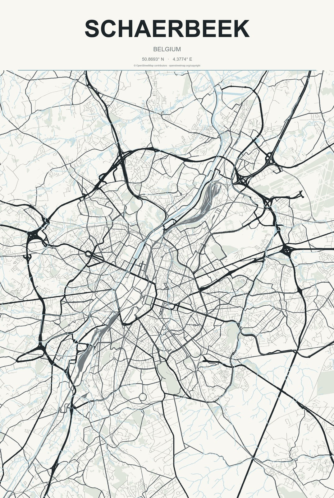 Schaerbeek, Belgium City Map Aluminum Sign in Headline Atlas style