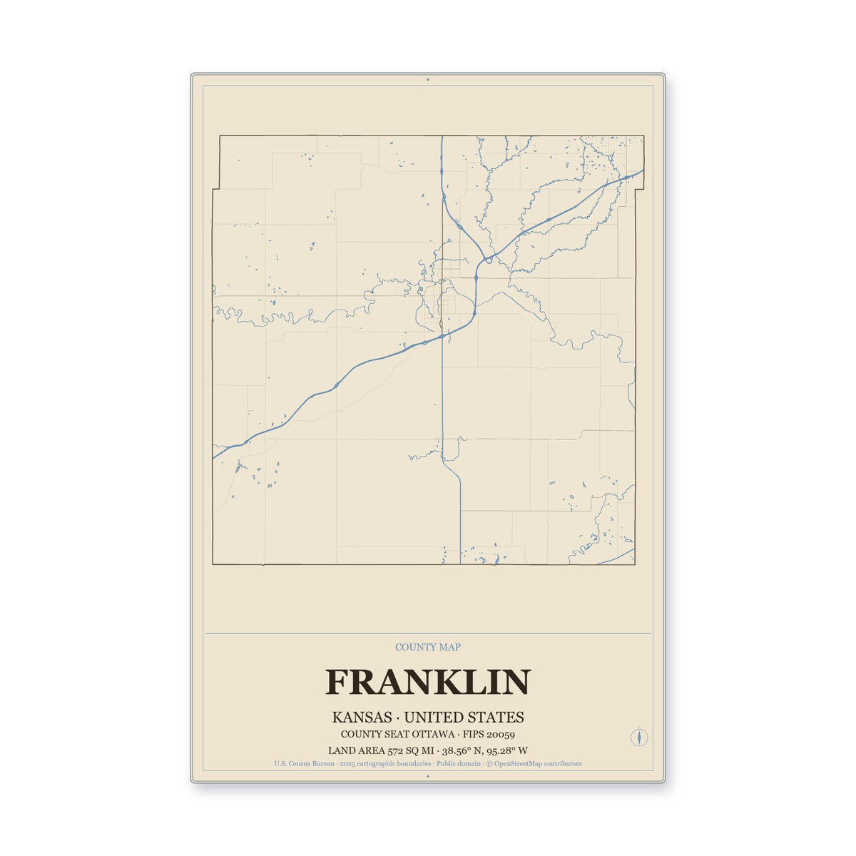 Franklin County, Kansas Map Aluminum Sign in Heritage Nautical style