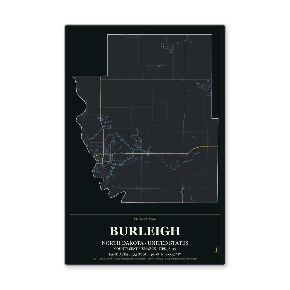 Burleigh County, North Dakota Map Aluminum Sign in Metropolitan Noir style