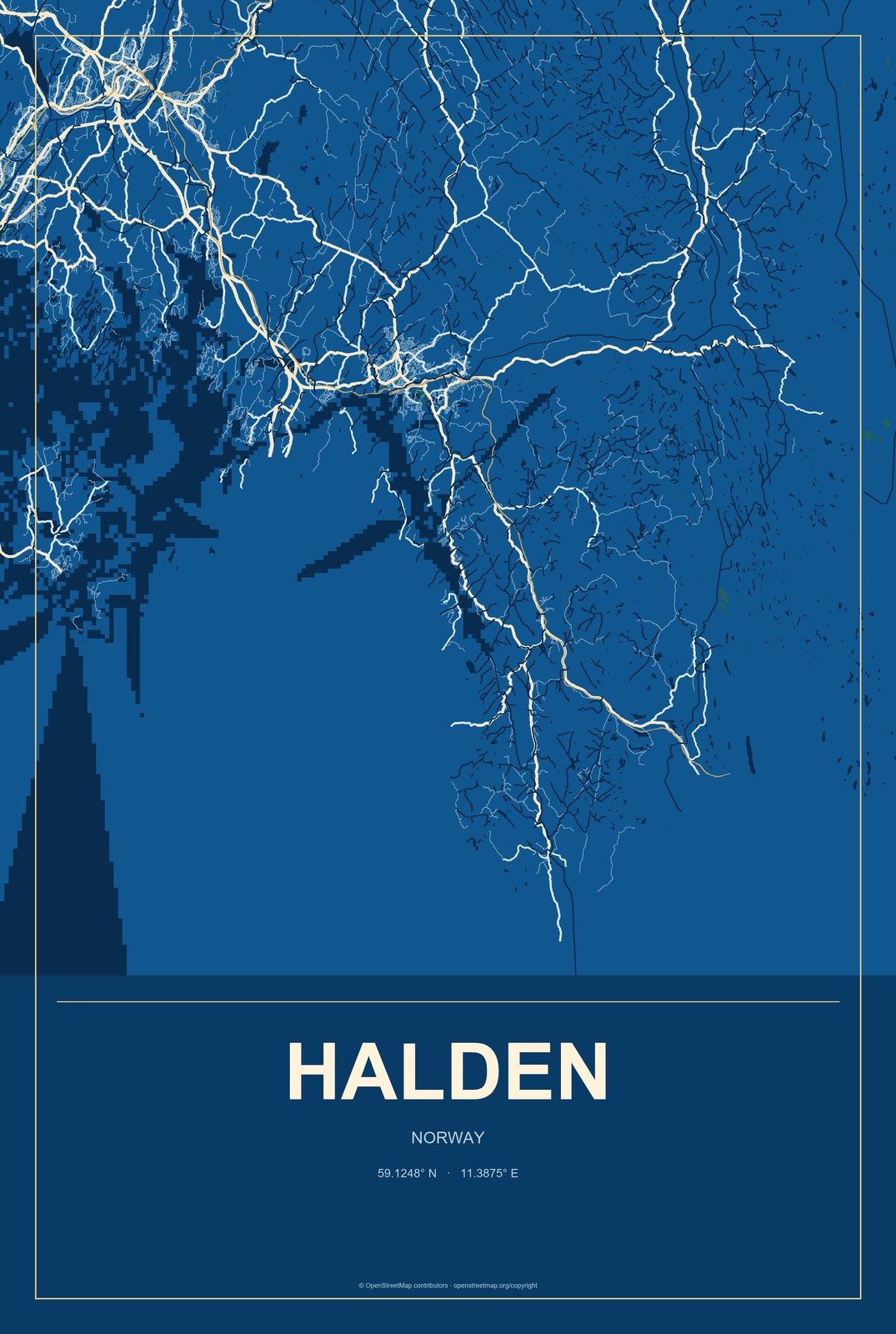 Halden, Norway City Map Aluminum Sign in Harbor Cobalt style