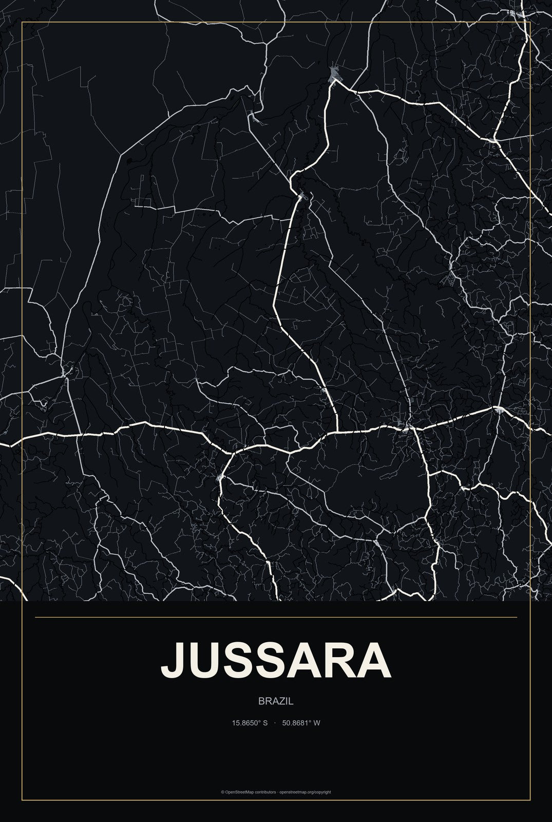 Jussara, Goiás, Brazil City Map Aluminum Sign in Metropolitan Noir style