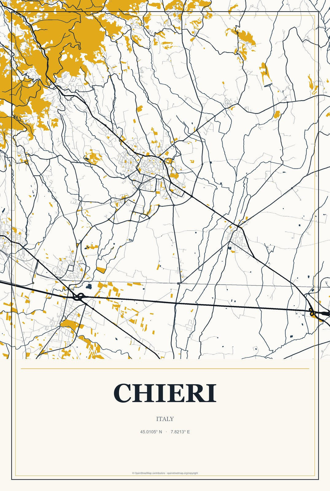 Chieri, Italy City Map Aluminum Sign in Citrine Modern style