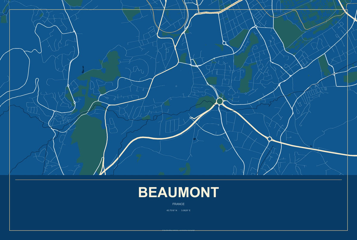 Beaumont, France City Map Aluminum Sign in Harbor Cobalt style