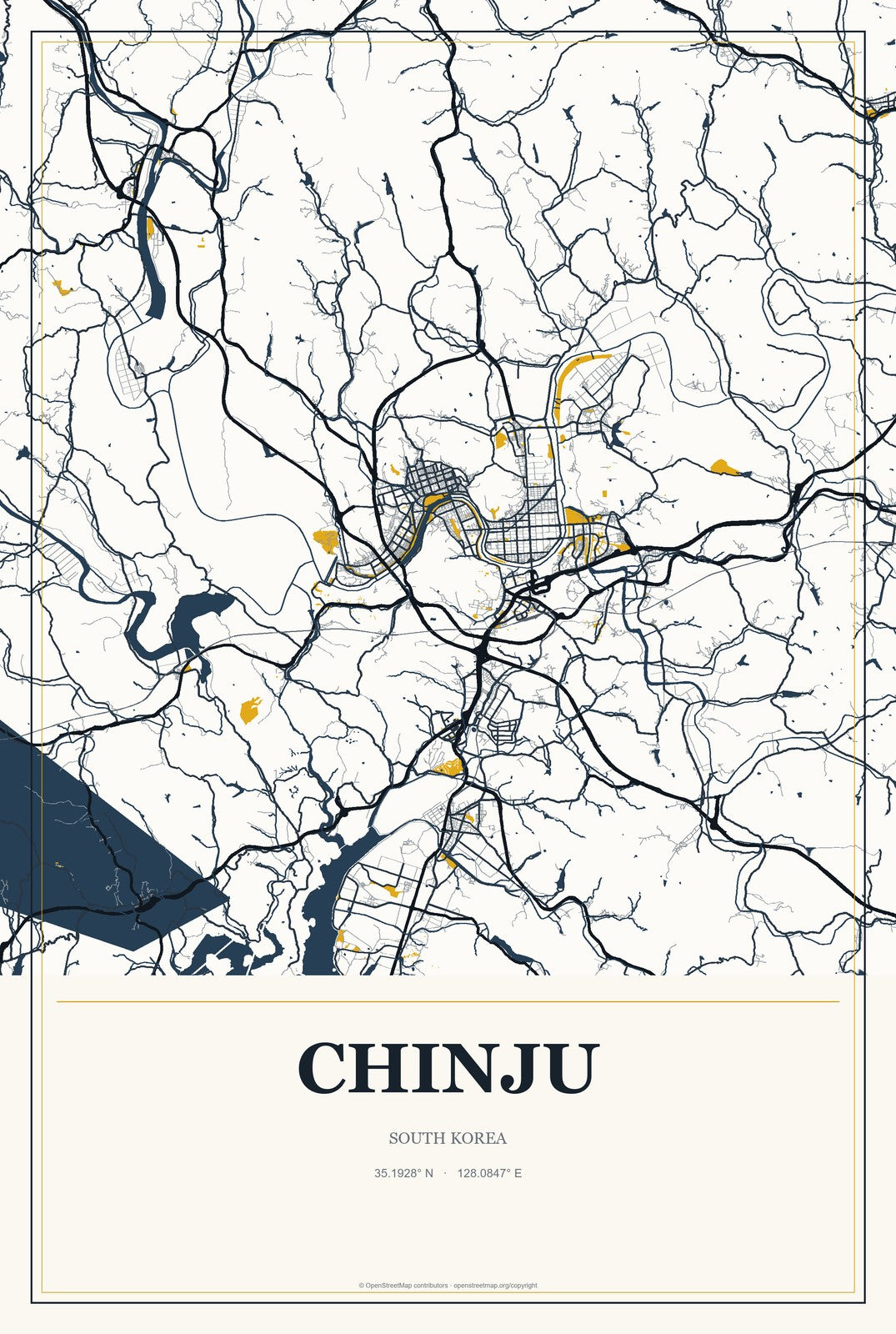 Chinju, South Korea City Map Aluminum Sign in Citrine Modern style