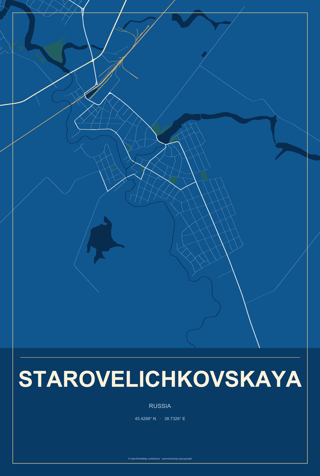 Starovelichkovskaya, Russia City Map Aluminum Sign in Harbor Cobalt style