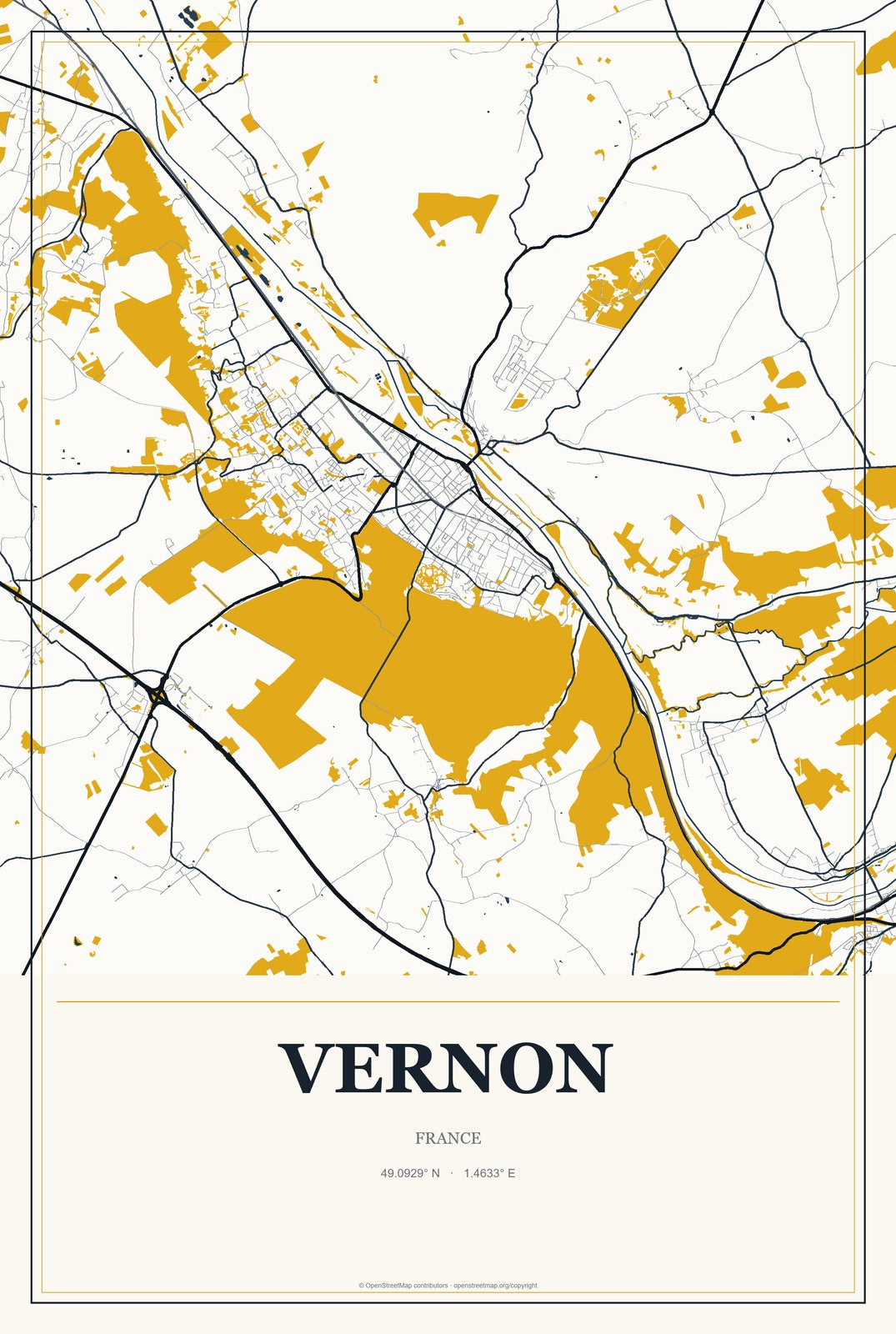 Vernon, France City Map Aluminum Sign in Citrine Modern style
