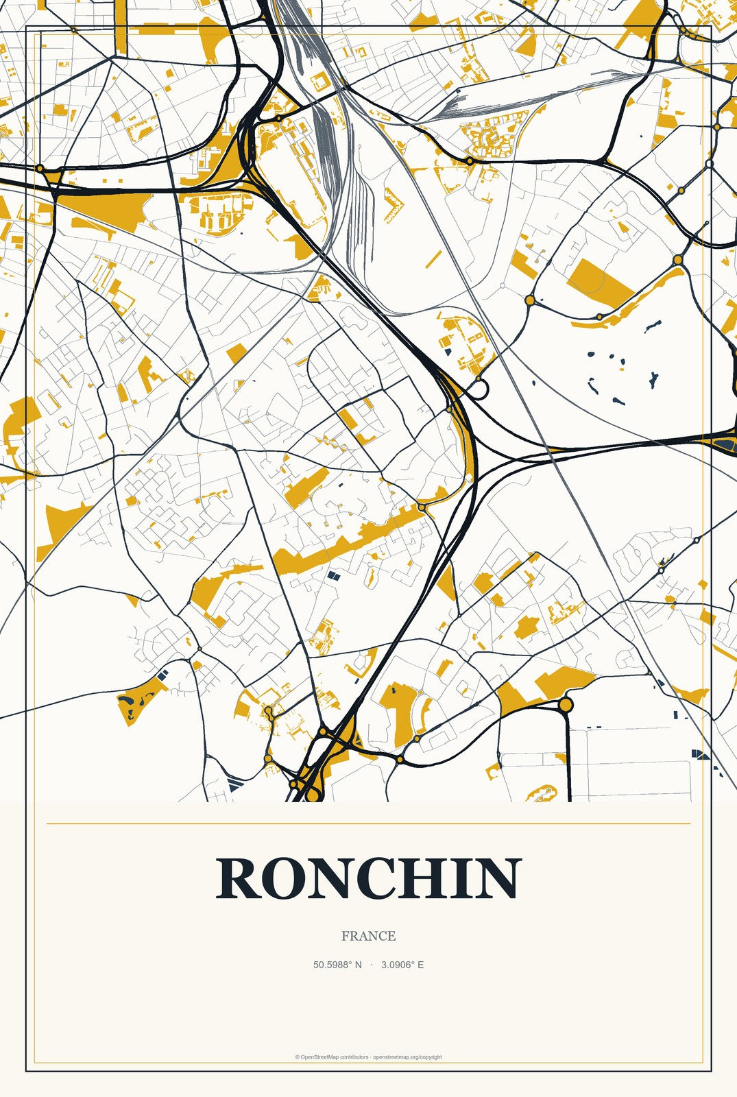 Ronchin, France City Map Aluminum Sign in Citrine Modern style