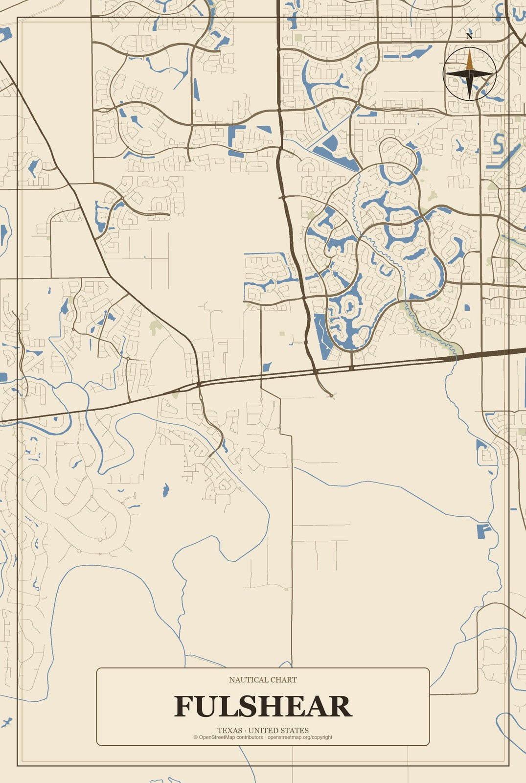Fulshear, Texas City Map Aluminum Sign in Heritage Nautical style