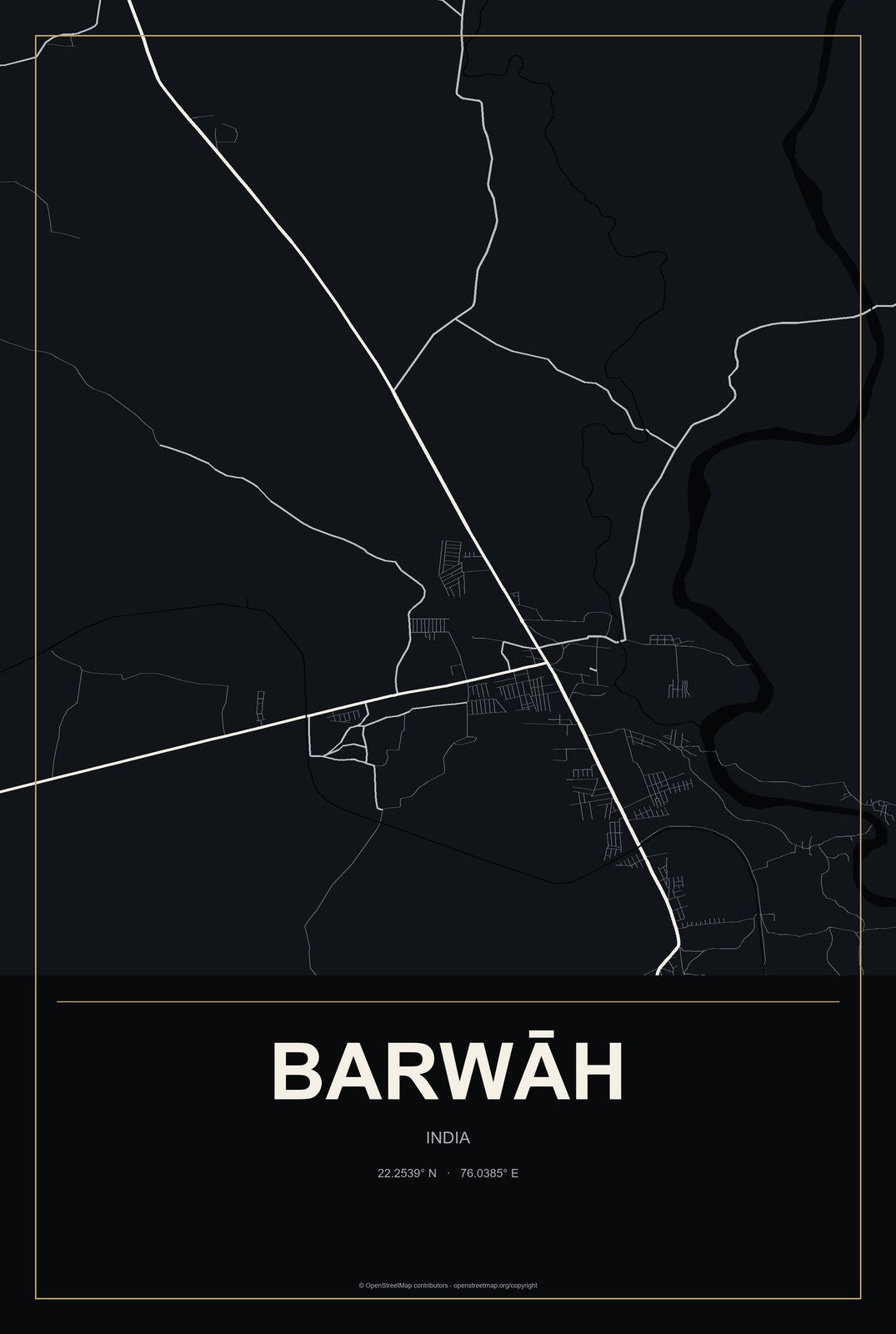 Barwāh, India City Map Aluminum Sign in Metropolitan Noir style