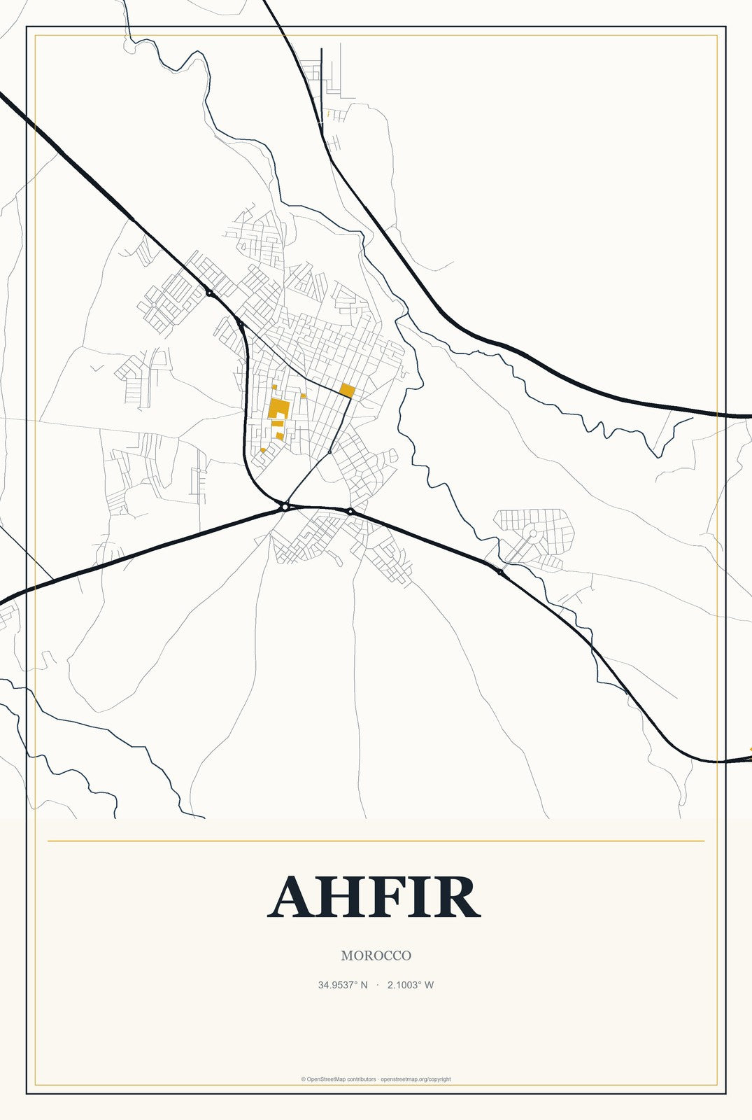 Ahfir, Morocco City Map Aluminum Sign in Citrine Modern style