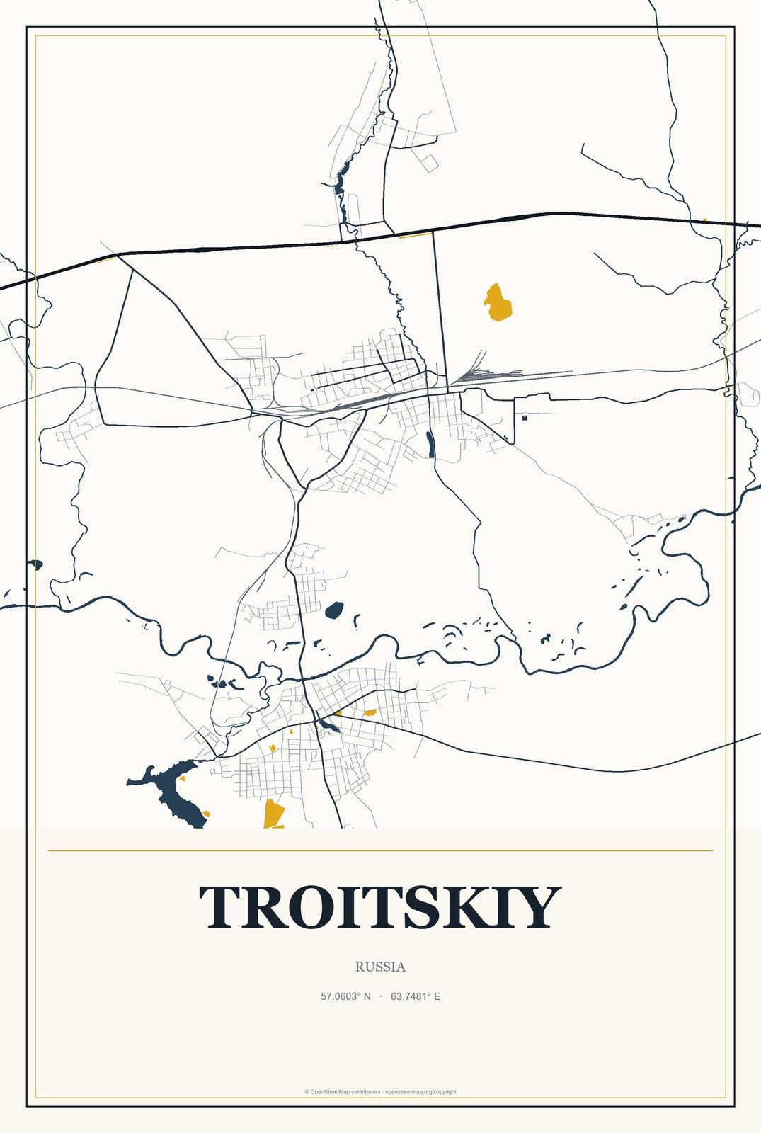 Troitskiy, Russia City Map Aluminum Sign in Citrine Modern style
