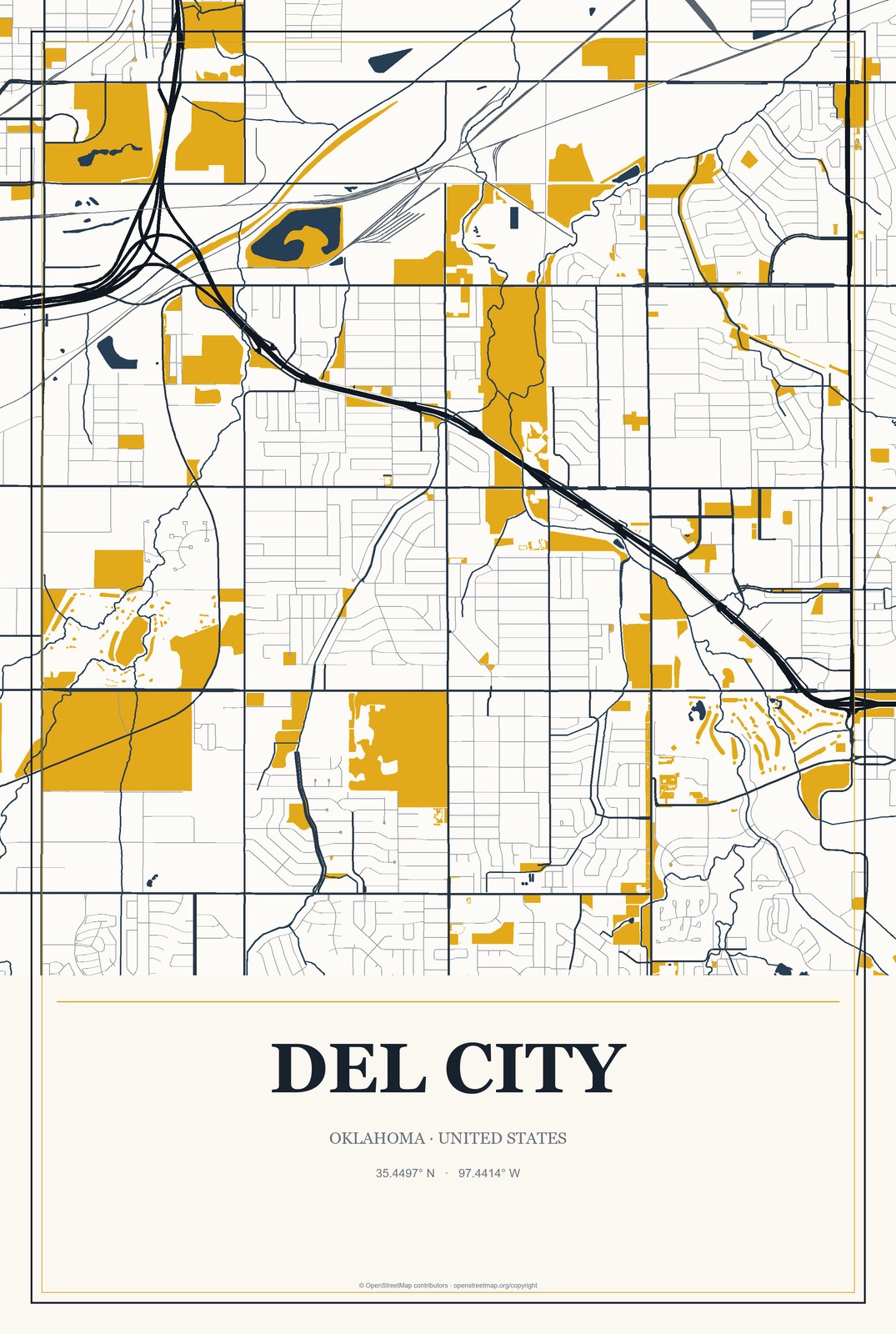 Del City, Oklahoma City Map Aluminum Sign in Citrine Modern style