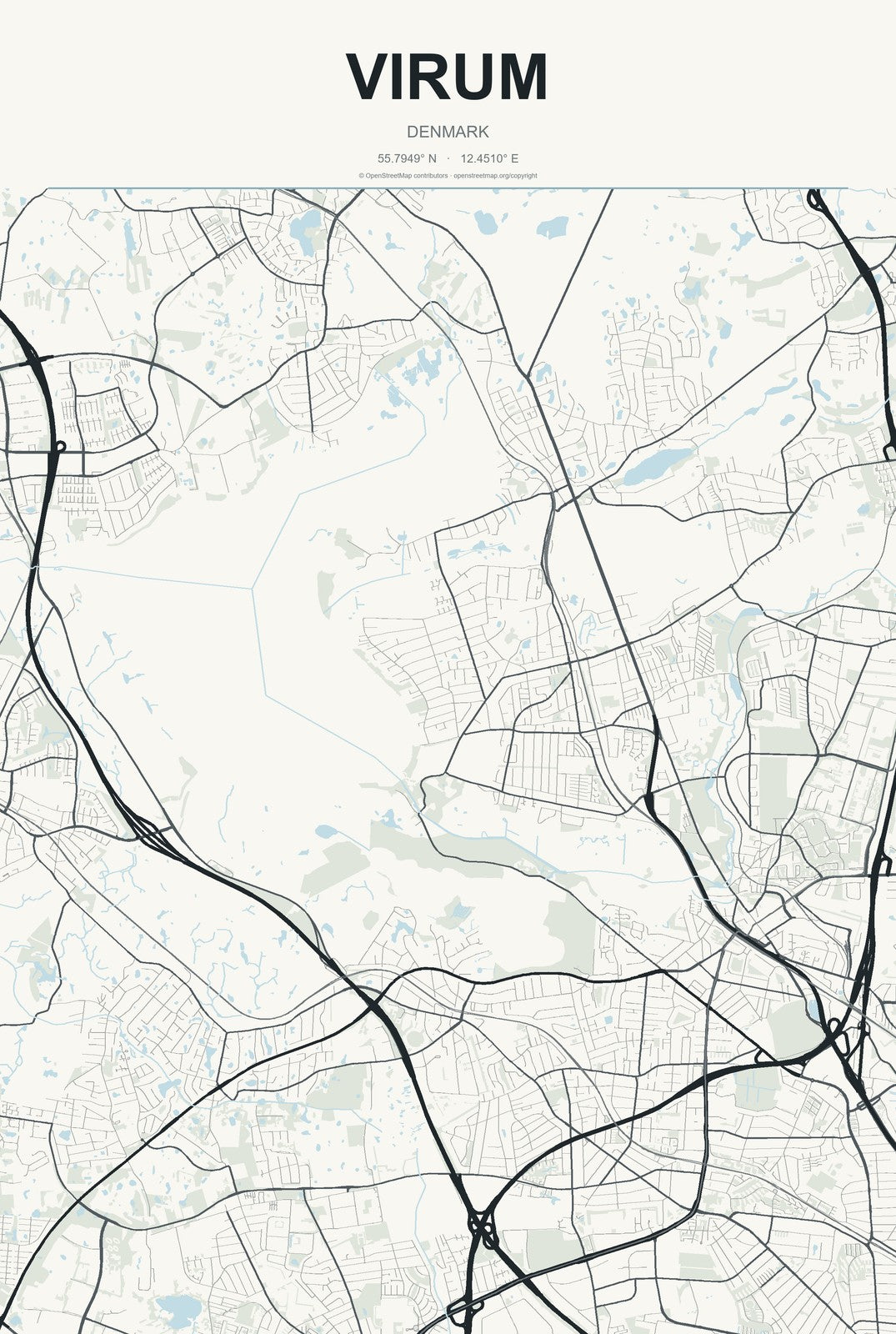 Virum, Denmark City Map Aluminum Sign in Headline Atlas style