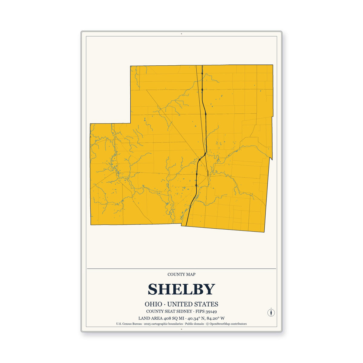 Shelby County, Ohio Map Aluminum Sign in Citrine Modern style