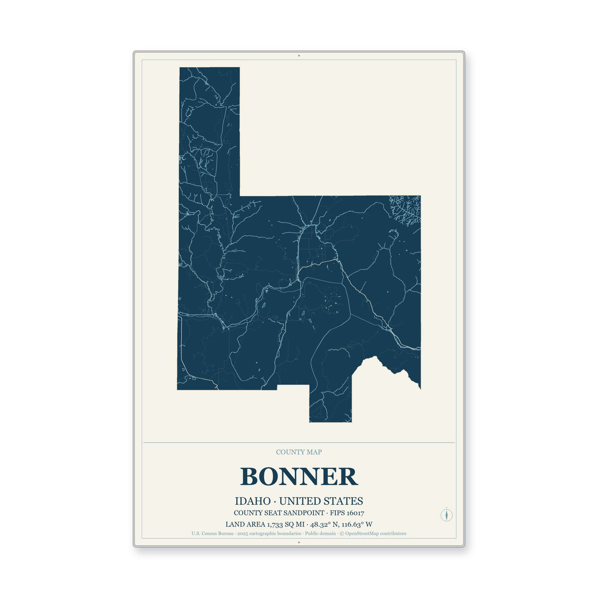 Bonner County, Idaho Map Aluminum Sign in Coastal Cutout style