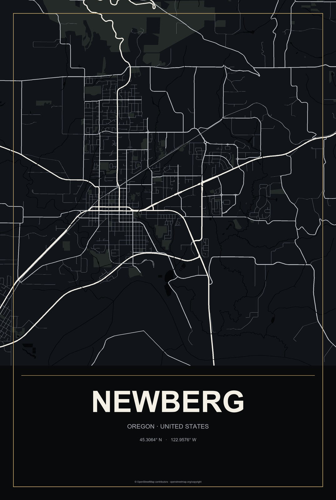 Newberg, Oregon City Map Aluminum Sign in Metropolitan Noir style