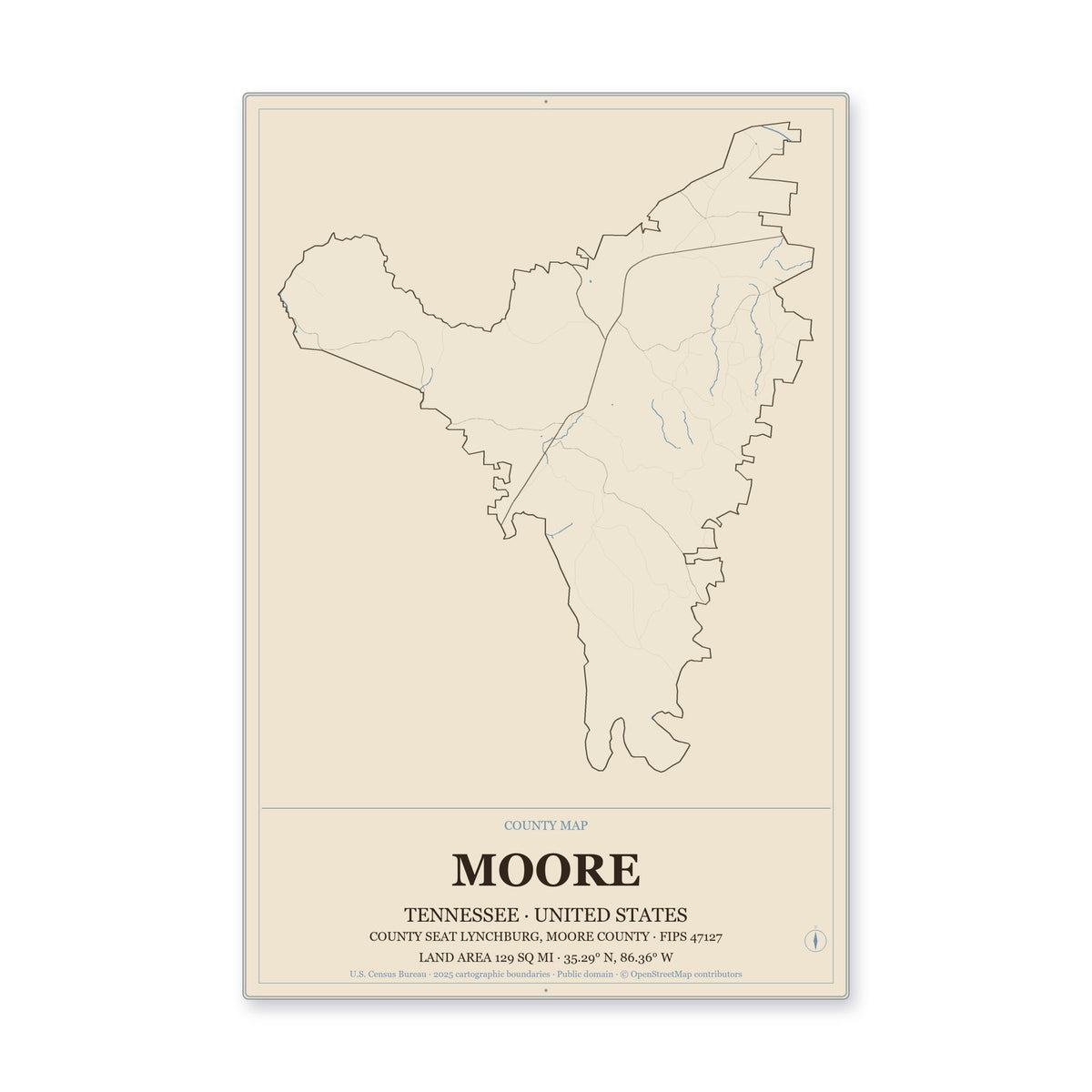 Moore County, Tennessee Map Aluminum Sign in Heritage Nautical style