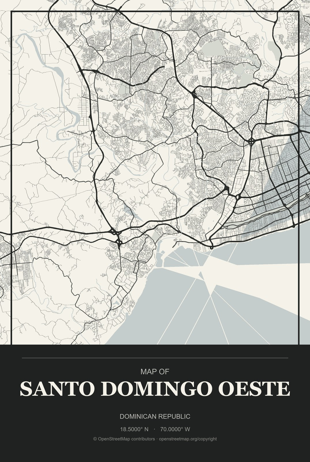 Santo Domingo Oeste, Dominican Republic City Map Aluminum Sign in Museum Plaque style
