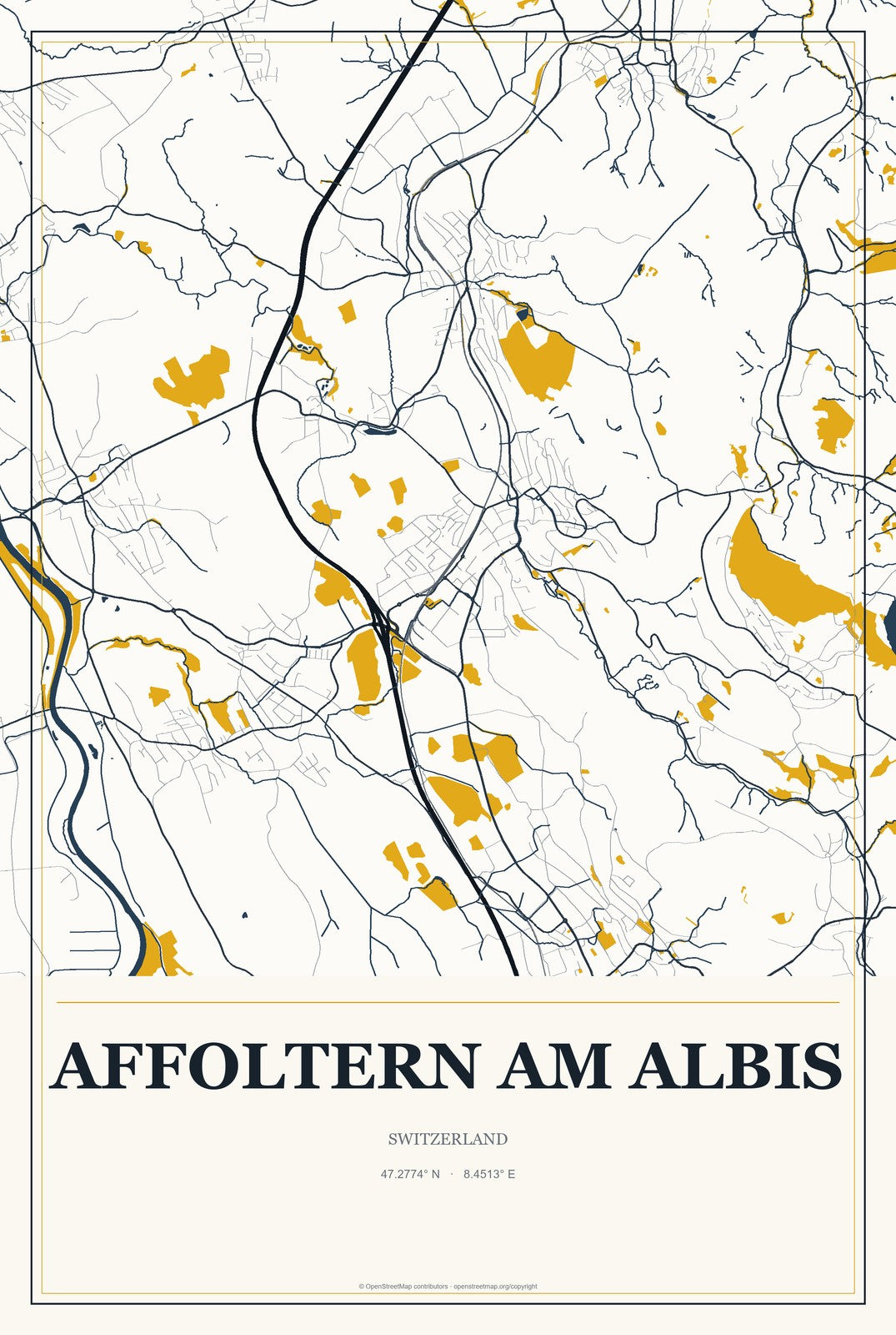 Affoltern am Albis, Switzerland City Map Aluminum Sign in Citrine Modern style