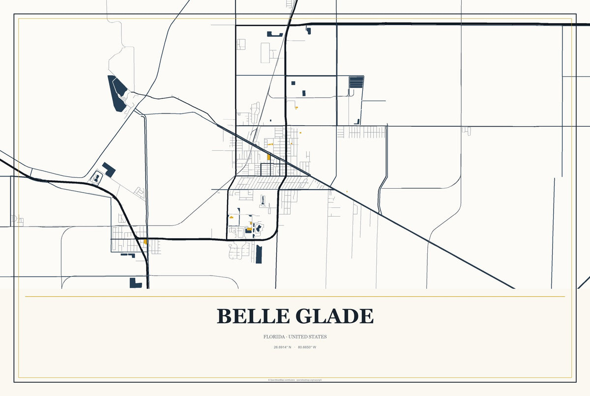 Belle Glade, Florida City Map Aluminum Sign in Citrine Modern style