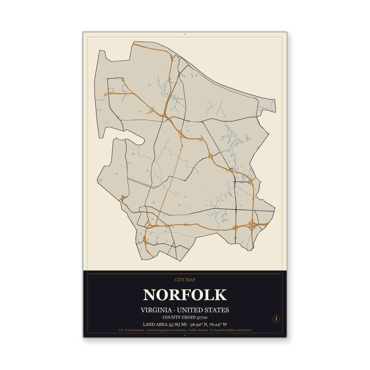 Norfolk city, Virginia Map Aluminum Sign in Museum Plaque style