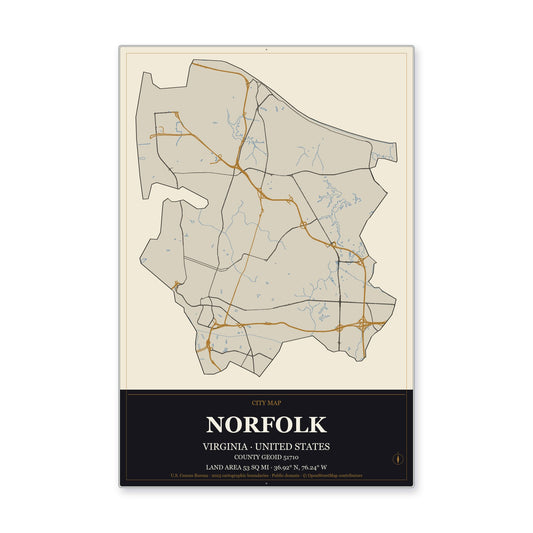 Norfolk city, Virginia Map Aluminum Sign in Museum Plaque style