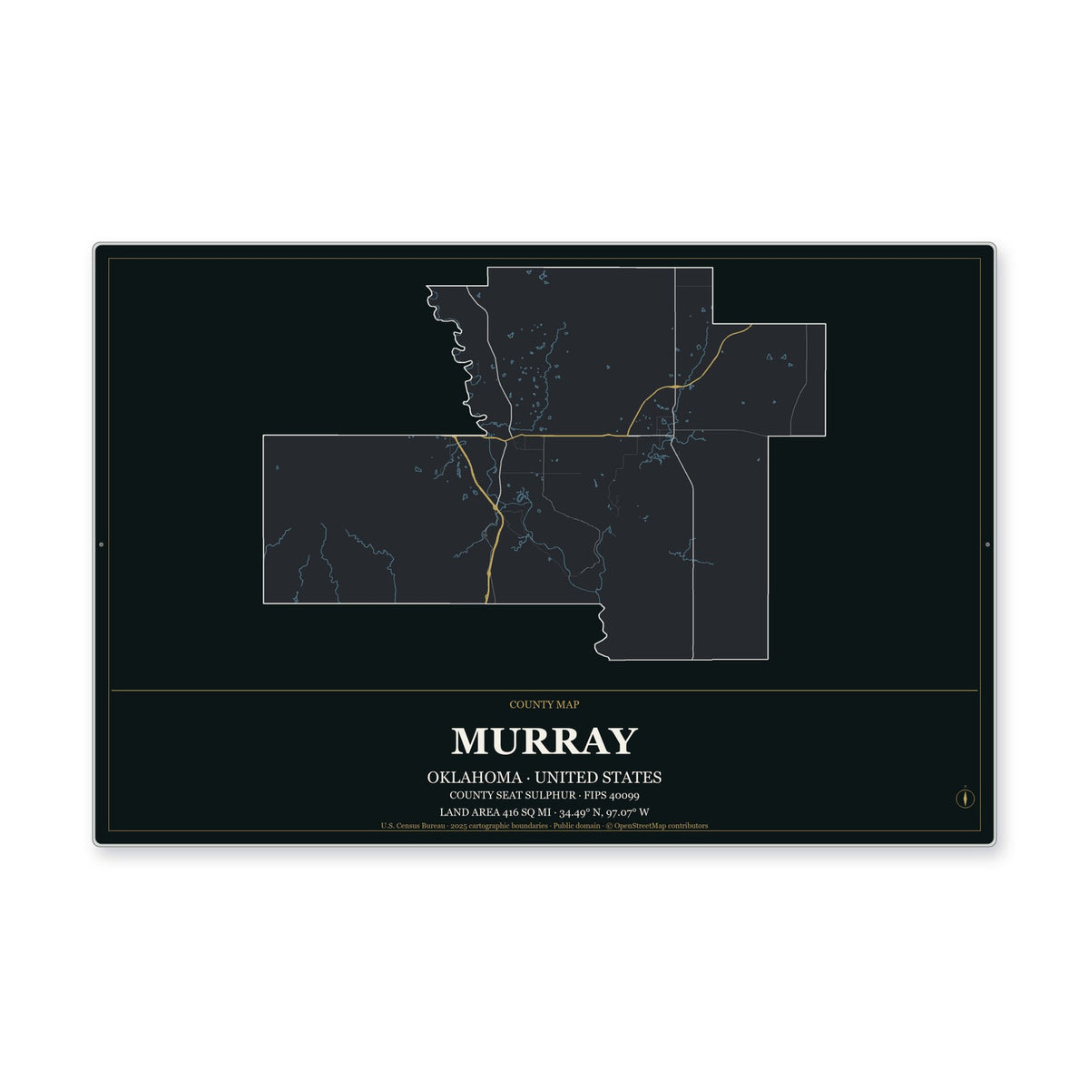 Murray County, Oklahoma Map Aluminum Sign in Metropolitan Noir style