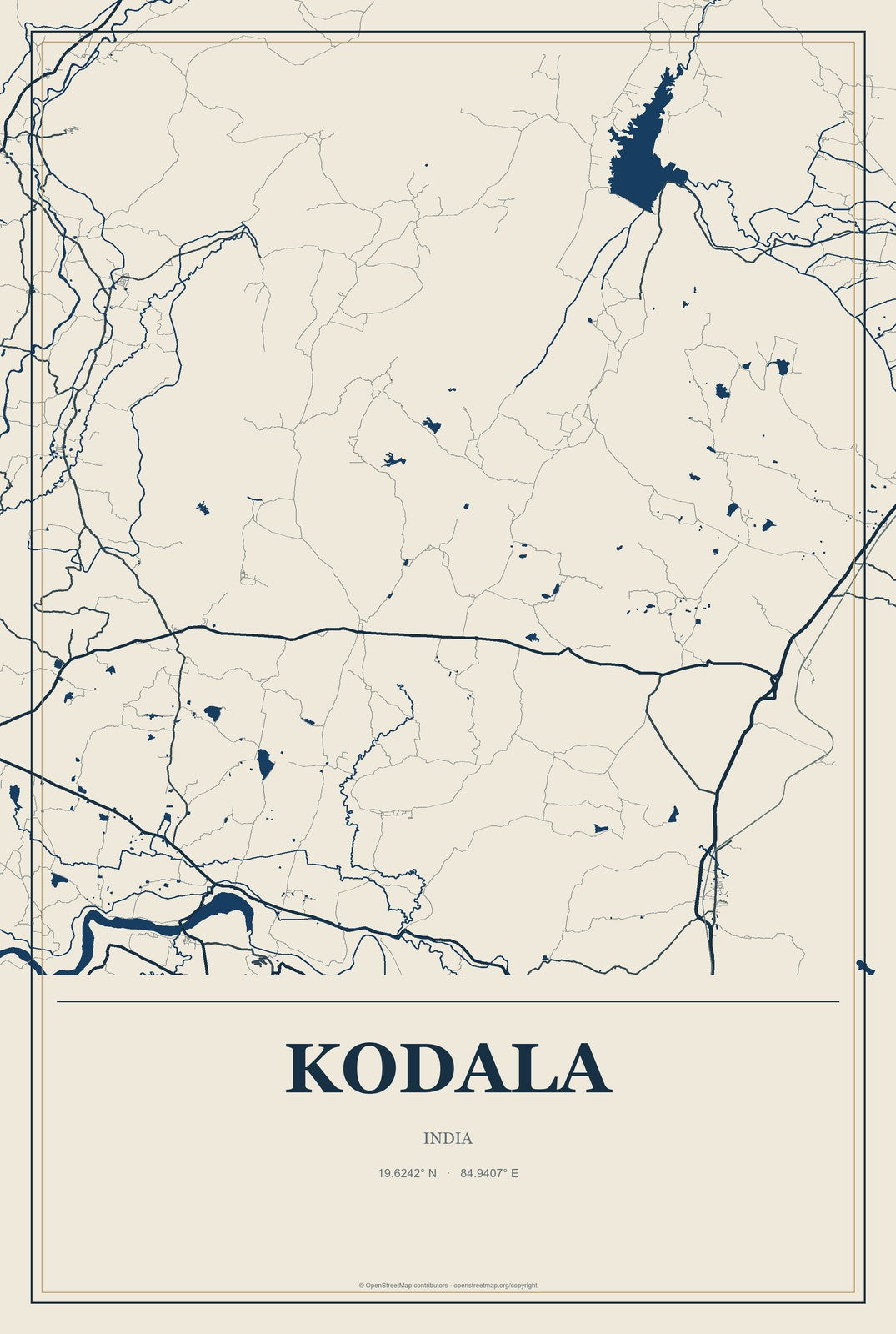 Kodala, India City Map Aluminum Sign in Coastal Cutout style