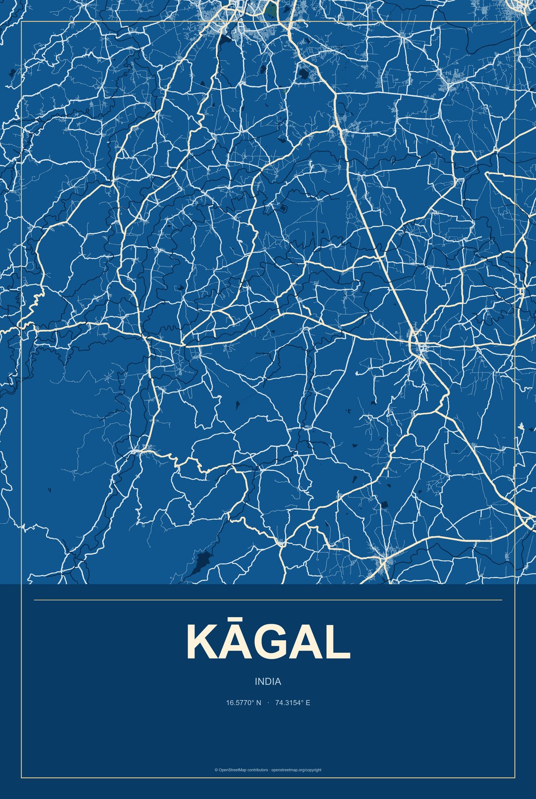Kāgal, India City Map Aluminum Sign in Harbor Cobalt style
