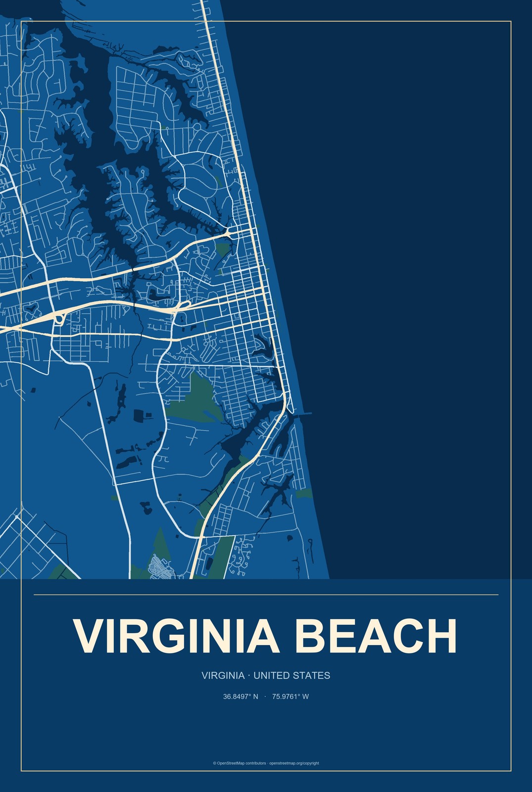 Virginia Beach, Virginia City Map Aluminum Sign in Harbor Cobalt style