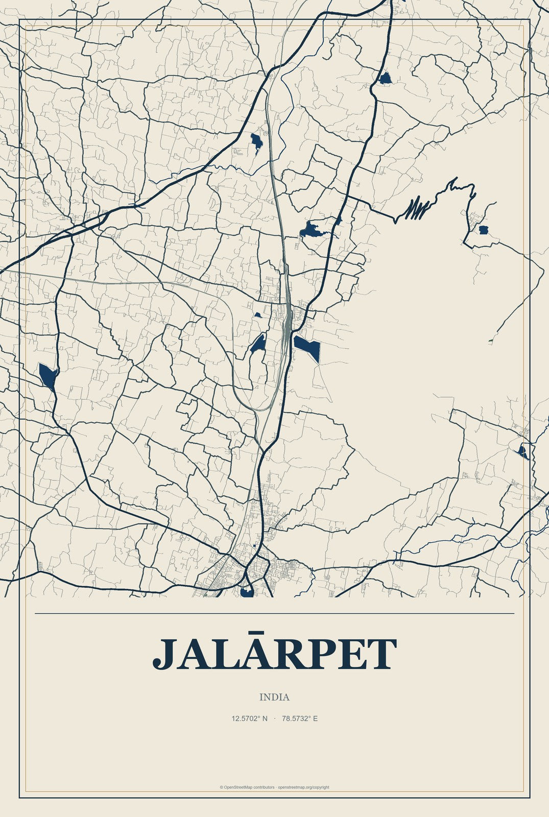 Jalārpet, India City Map Aluminum Sign in Coastal Cutout style