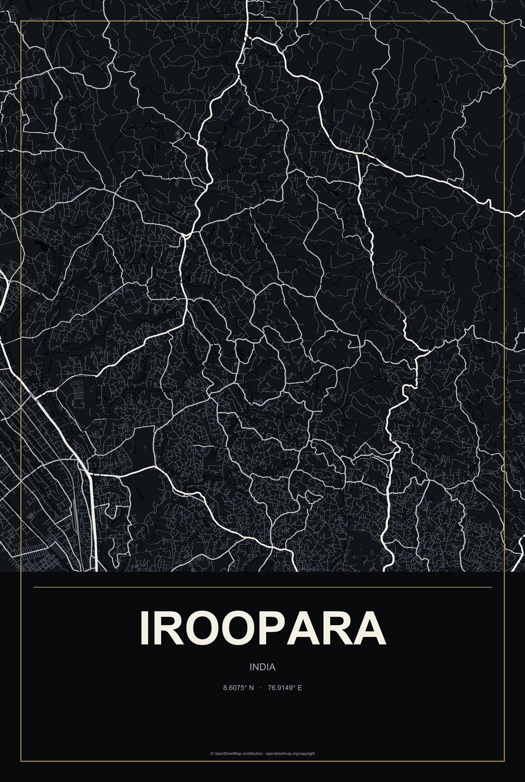 Iroopara, India City Map Aluminum Sign in Metropolitan Noir style