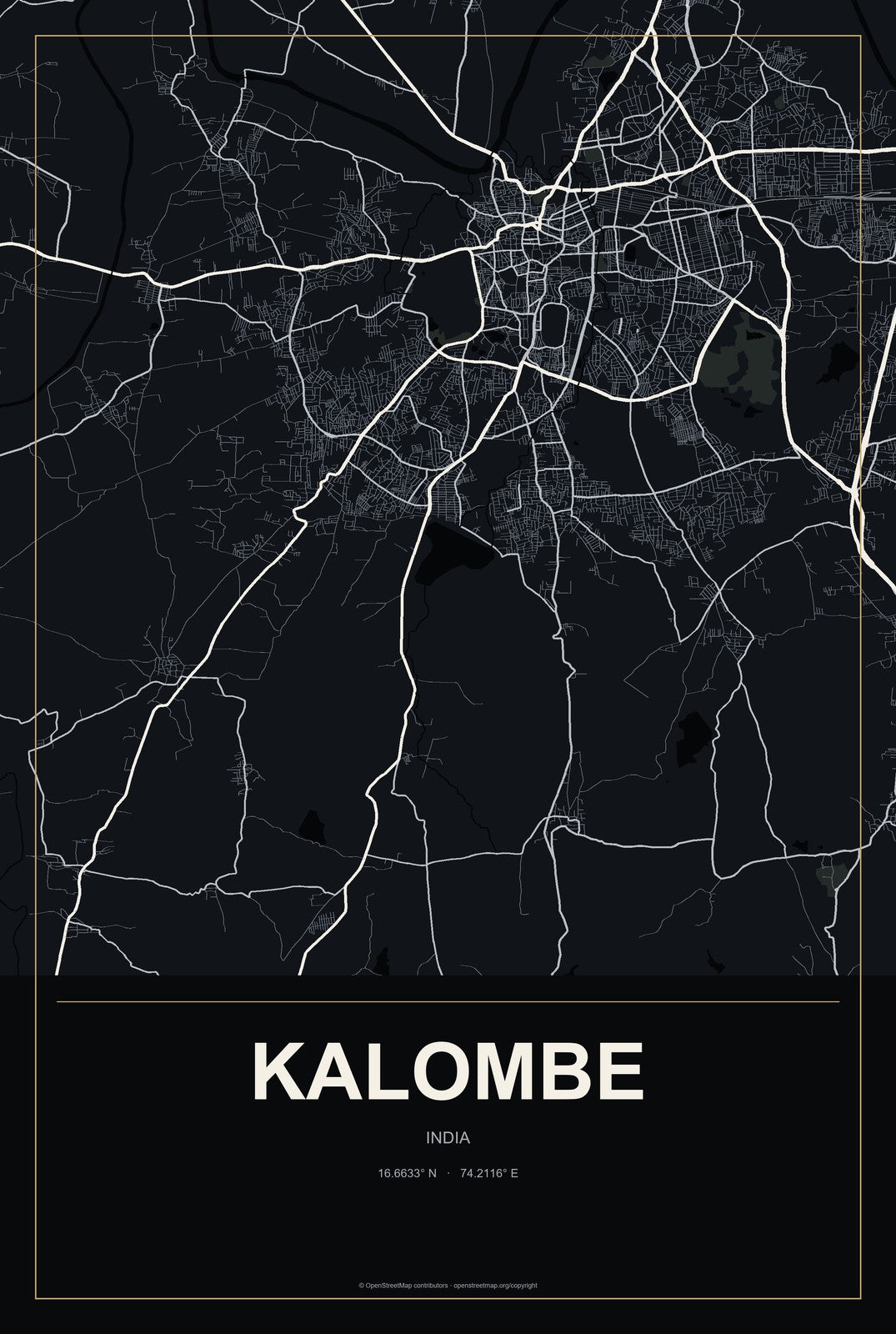 Kalombe, India City Map Aluminum Sign in Metropolitan Noir style