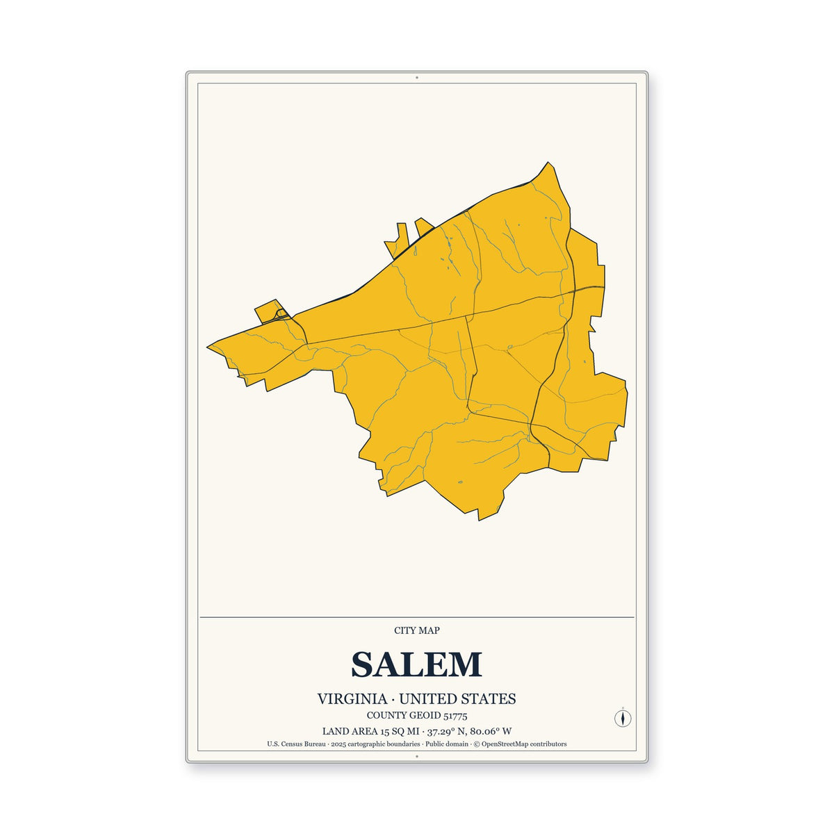 Salem city, Virginia Map Aluminum Sign in Citrine Modern style