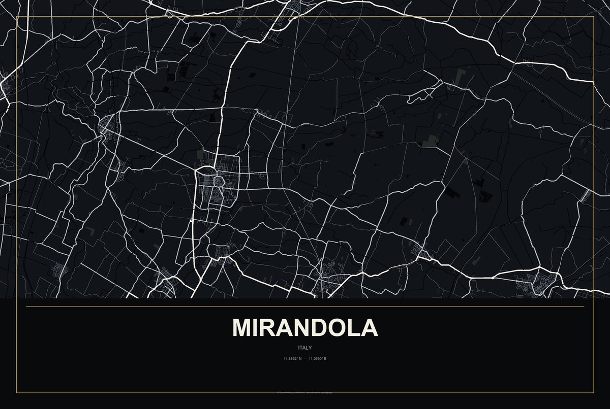 Mirandola, Italy City Map Aluminum Sign in Metropolitan Noir style