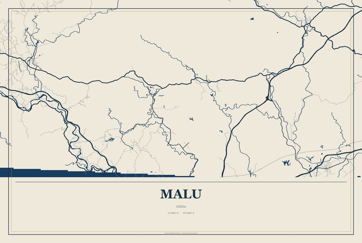 Malu, Guangxi, China City Map Aluminum Sign in Coastal Cutout style