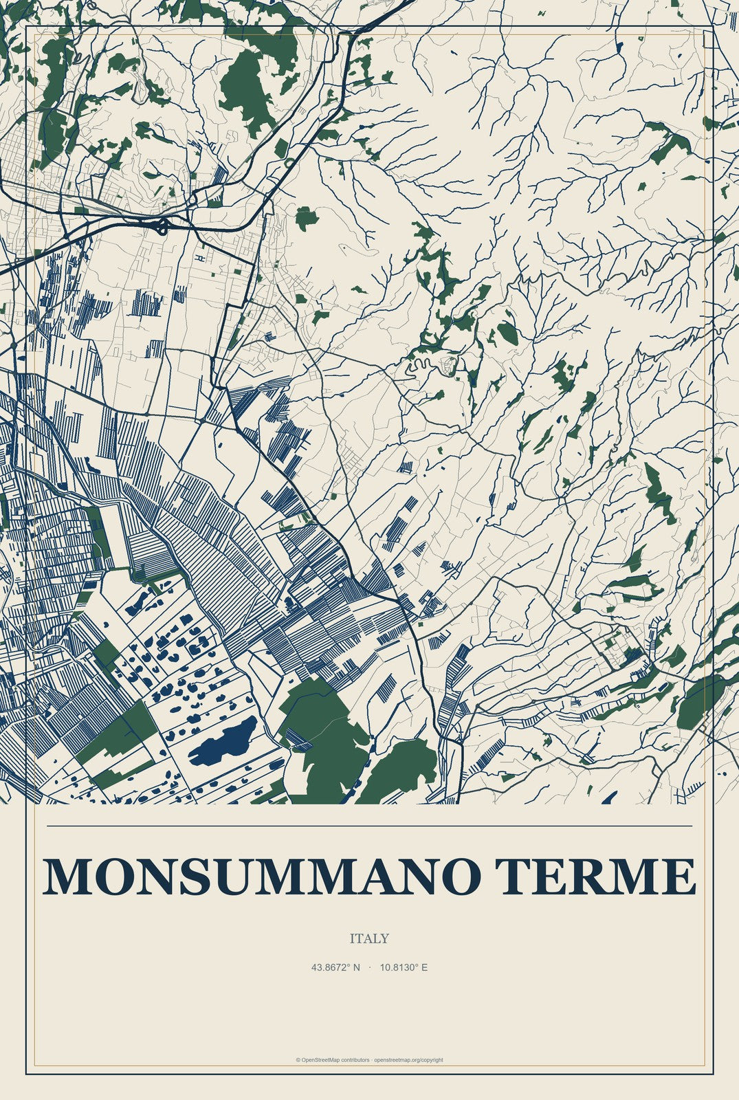 Monsummano Terme, Italy City Map Aluminum Sign in Coastal Cutout style