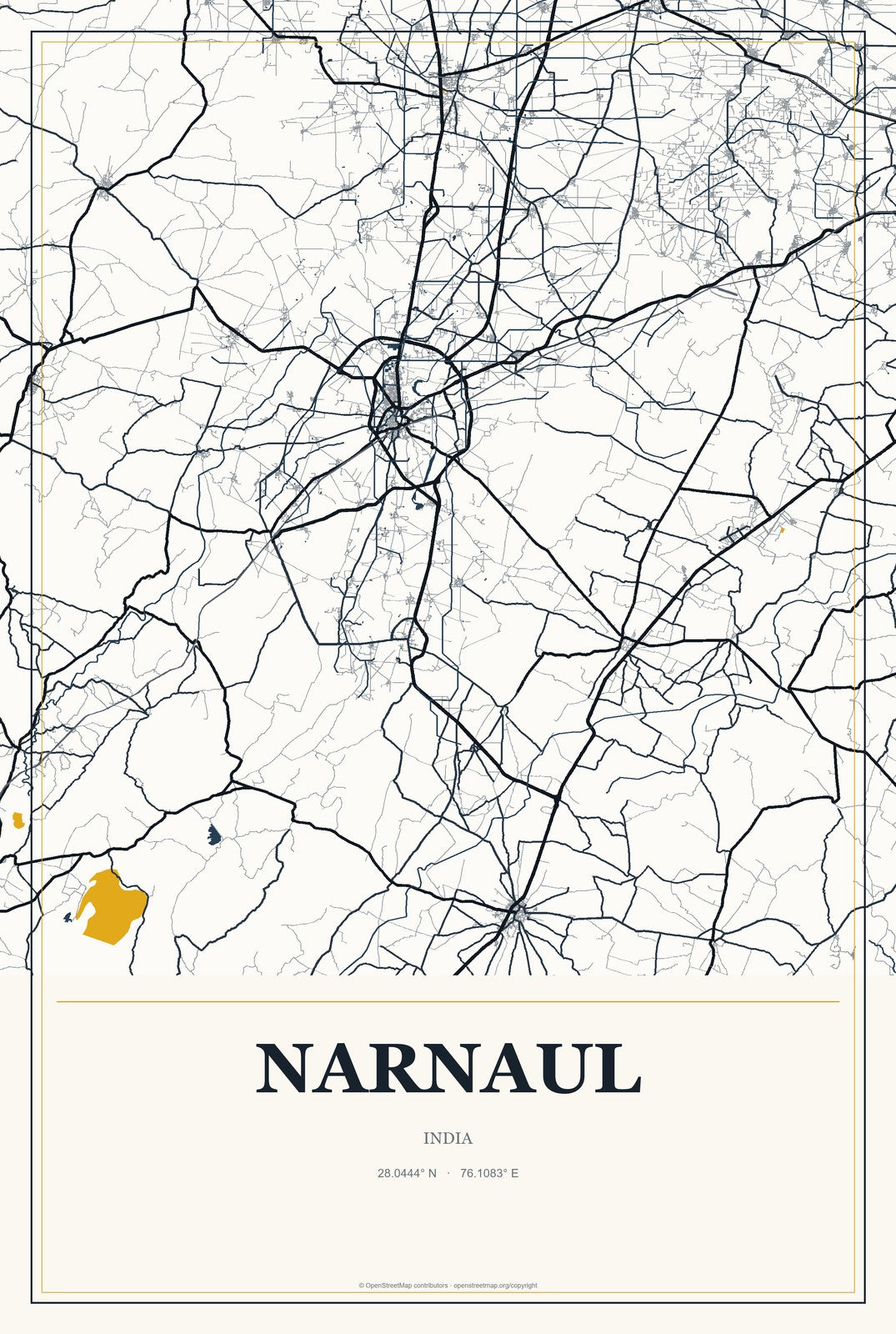 Narnaul, India City Map Aluminum Sign in Citrine Modern style